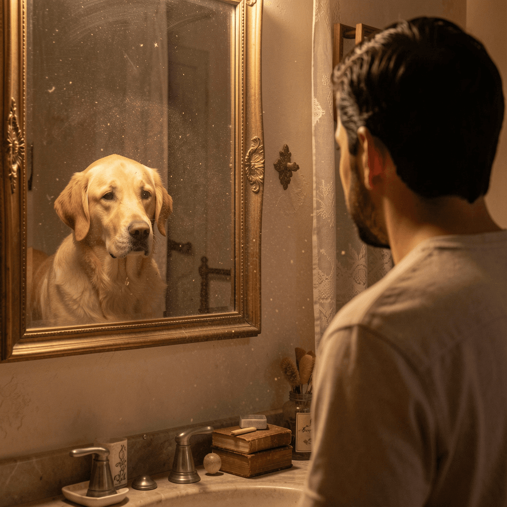 Perro Labrador mirándose en un espejo junto a su guía, metáfora de la sincronización emocional y el efecto espejo en la educación canina.