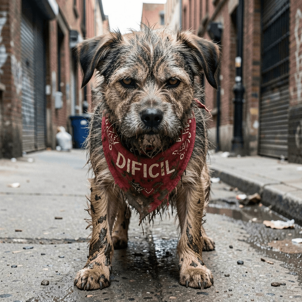Perro de tipo terrier con bandana roja que dice "DIFICIL", metáfora del estigma social y la reactividad canina en entornos urbanos.